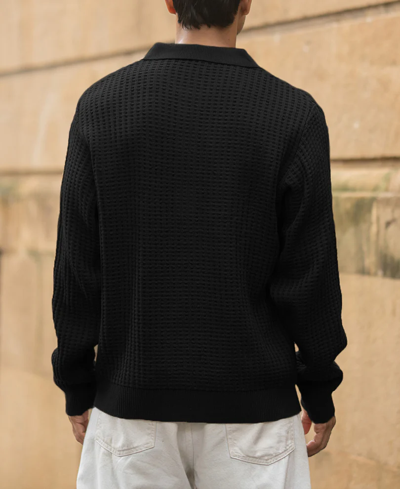 Black Structured Knit Polo T-Shirt - Image 5