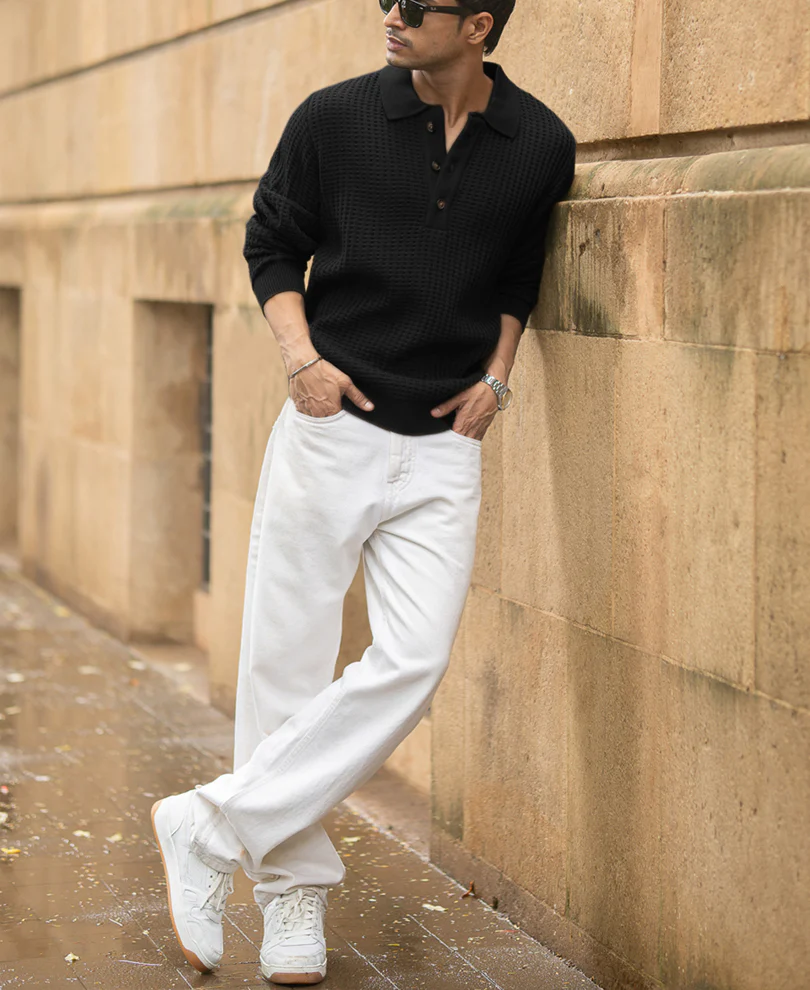Black Structured Knit Polo T-Shirt - Image 6