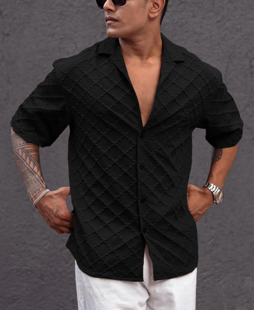 Black Structured Oversized fit Half Sleeves Shirt - Image 3
