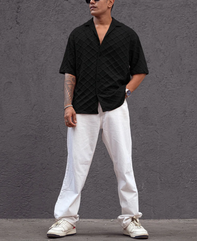 Black Structured Oversized fit Half Sleeves Shirt - Image 5
