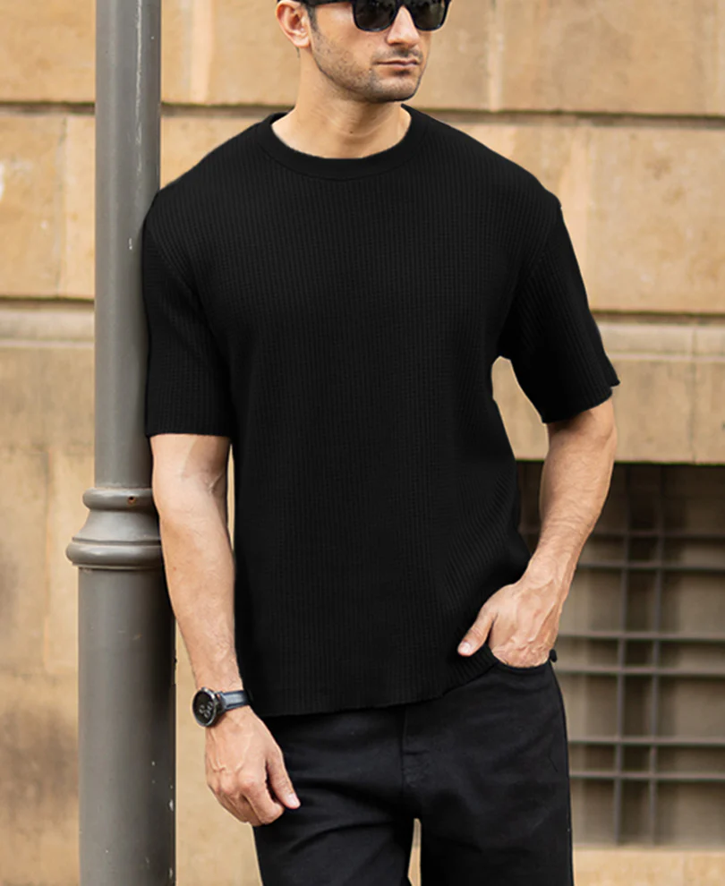 Black Structured Oversized Half Sleeves T Shirt - Image 3