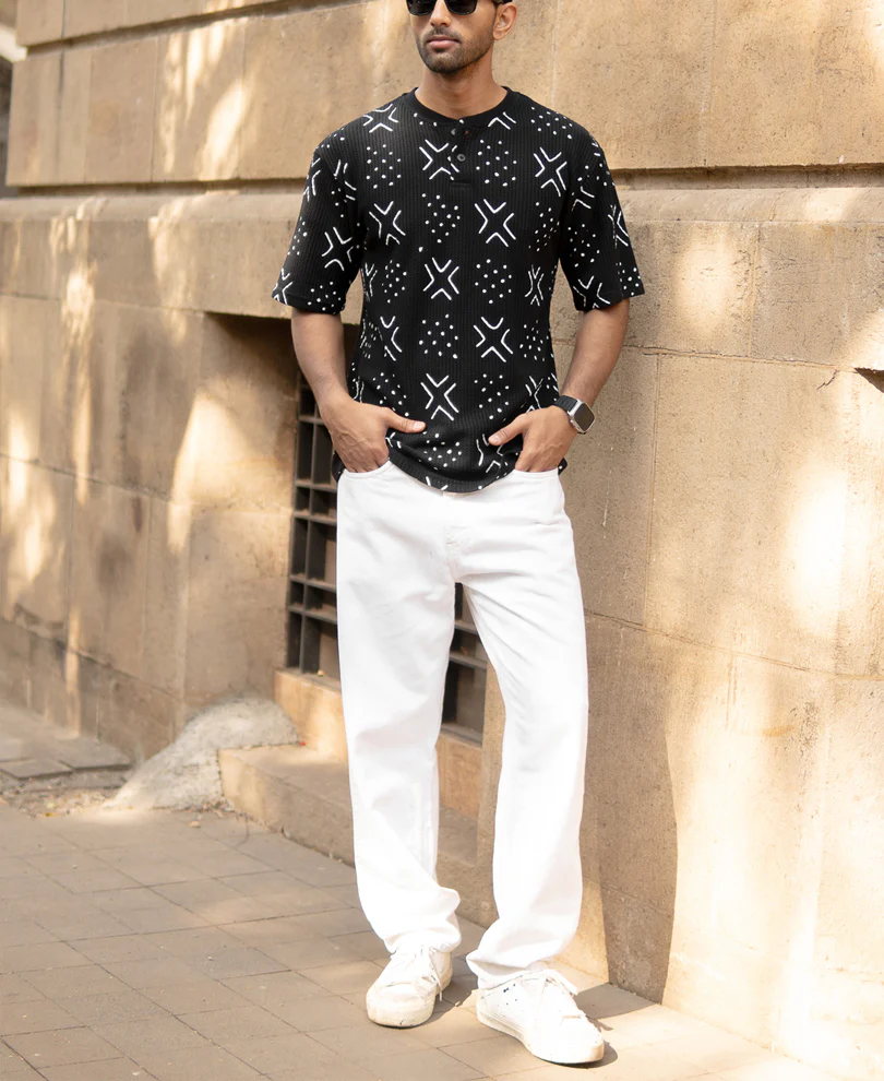 Black Structured Printed Henley T-Shirt - Image 6