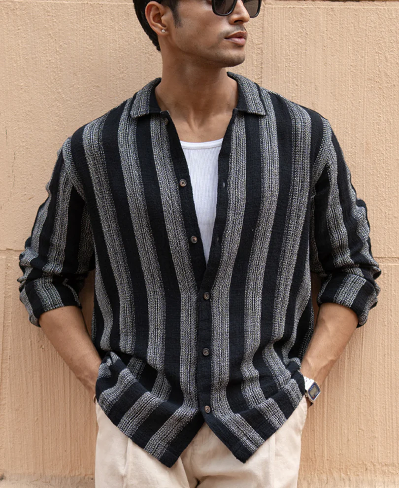 Black Structured Striped Shirt 100% Cotton - Image 2