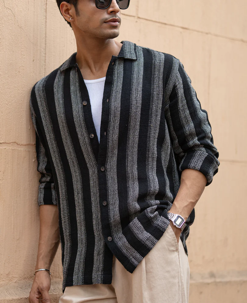 Black Structured Striped Shirt 100% Cotton - Image 3
