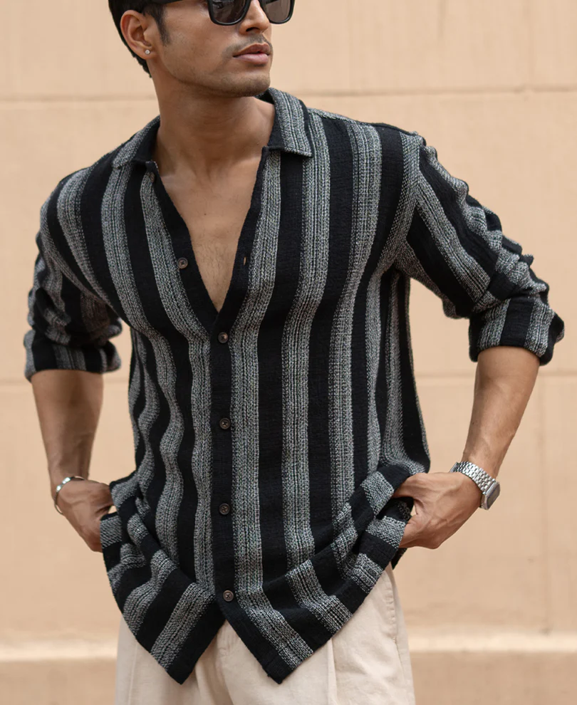 Black Structured Striped Shirt 100% Cotton - Image 4