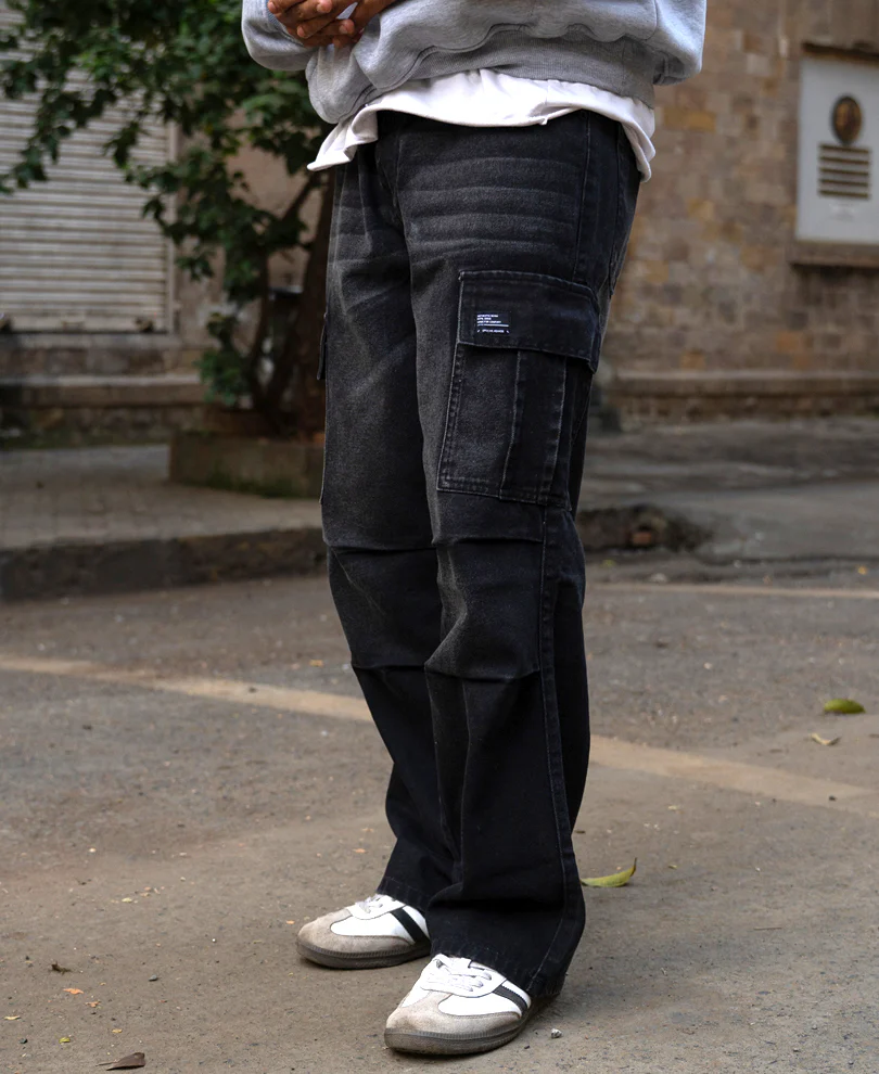Black Washed Cargo Jeans 100% Cotton - Image 3