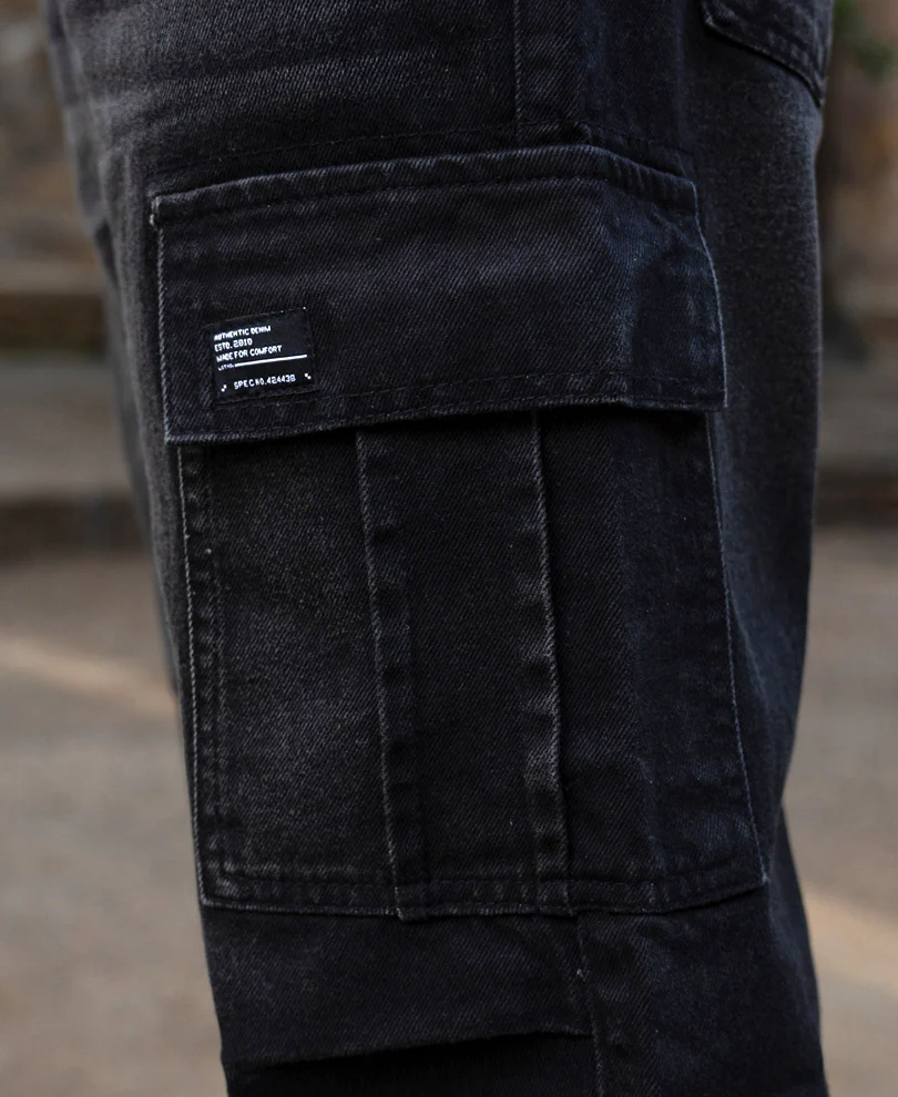 Black Washed Cargo Jeans 100% Cotton - Image 4