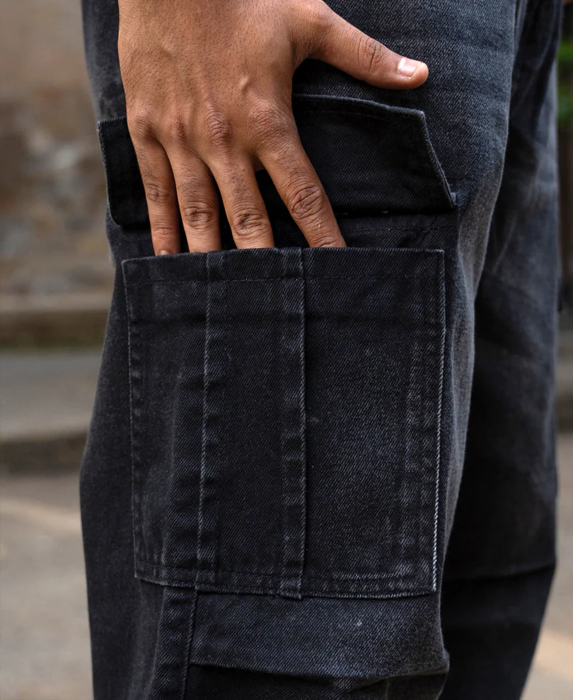 Black Washed Cargo Jeans 100% Cotton - Image 5