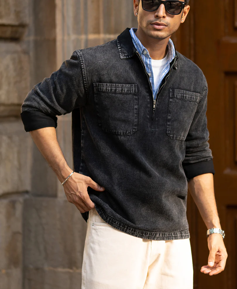 Black Washed Denim Polo Shirt 100% Cotton - Image 2