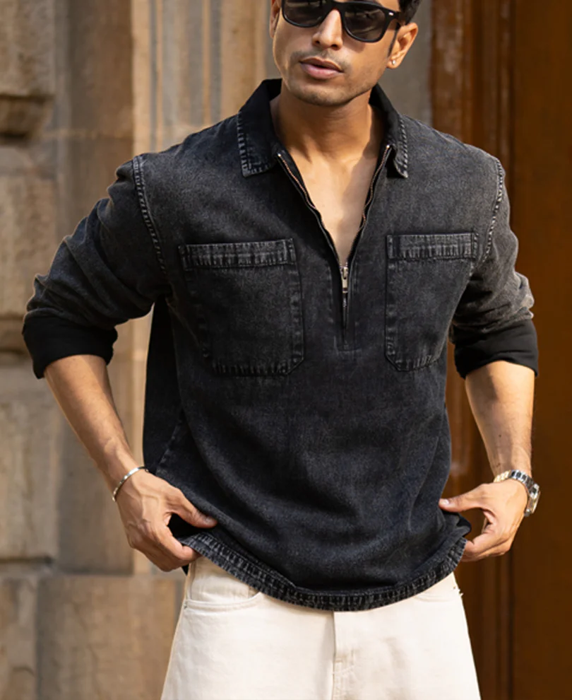 Black Washed Denim Polo Shirt 100% Cotton - Image 3