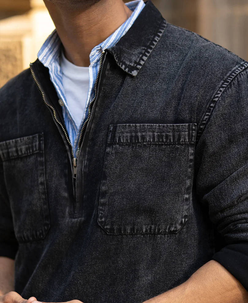 Black Washed Denim Polo Shirt 100% Cotton - Image 4