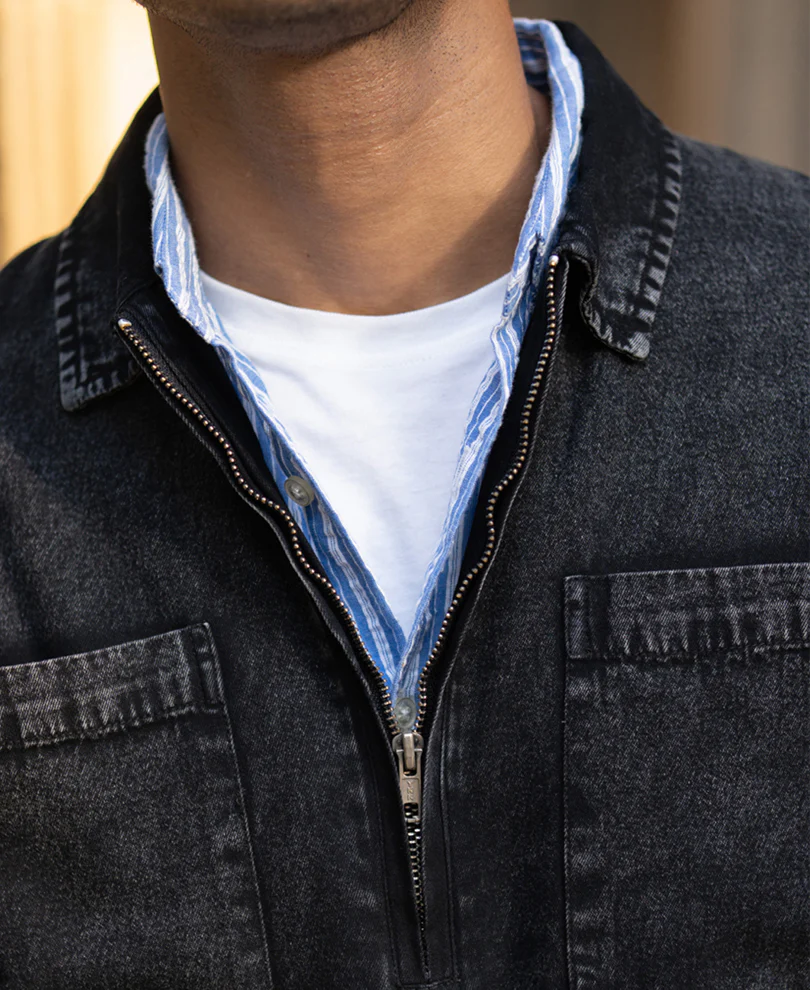 Black Washed Denim Polo Shirt 100% Cotton - Image 5