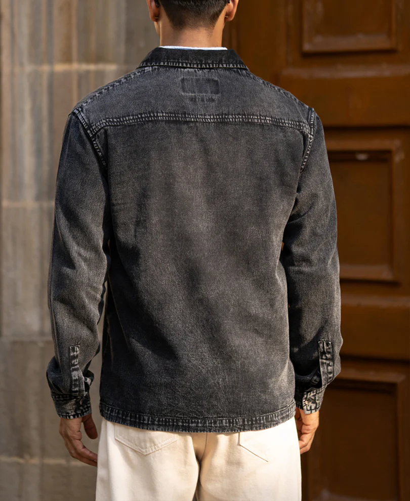 Black Washed Denim Polo Shirt 100% Cotton - Image 6