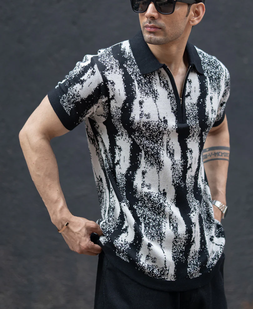 Black White Jacquard Knit T-Shirt 100% Cotton - Image 2