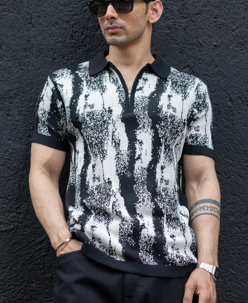 Black White Jacquard Knit T-Shirt 100% Cotton - Image 3