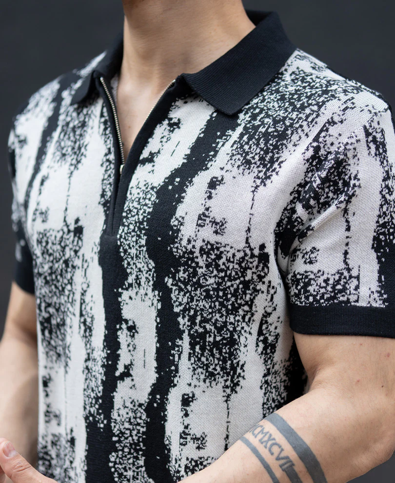 Black White Jacquard Knit T-Shirt 100% Cotton - Image 4