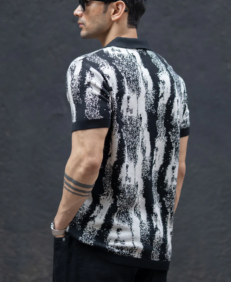 Black White Jacquard Knit T-Shirt 100% Cotton - Image 6