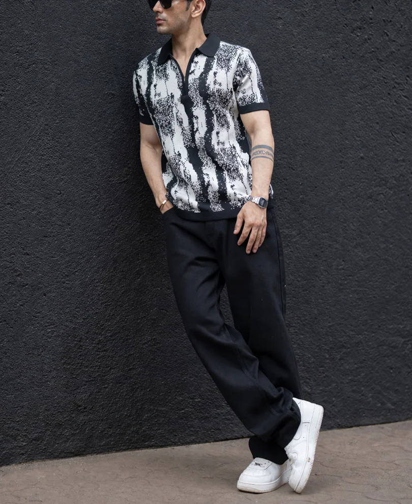 Black White Jacquard Knit T-Shirt 100% Cotton - Image 7