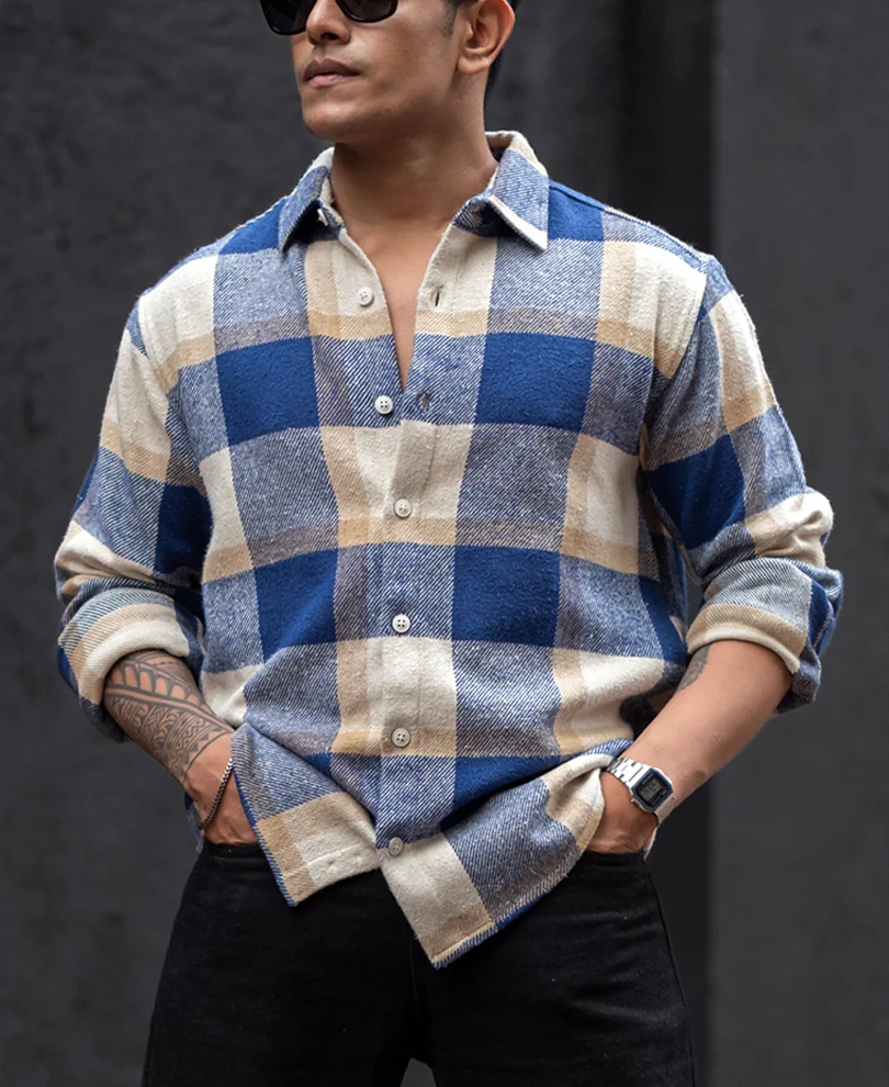 Blue And Off White Checked Regular Fit Full Sleeves Shirt - Image 2