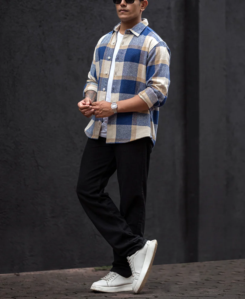 Blue And Off White Checked Regular Fit Full Sleeves Shirt - Image 6