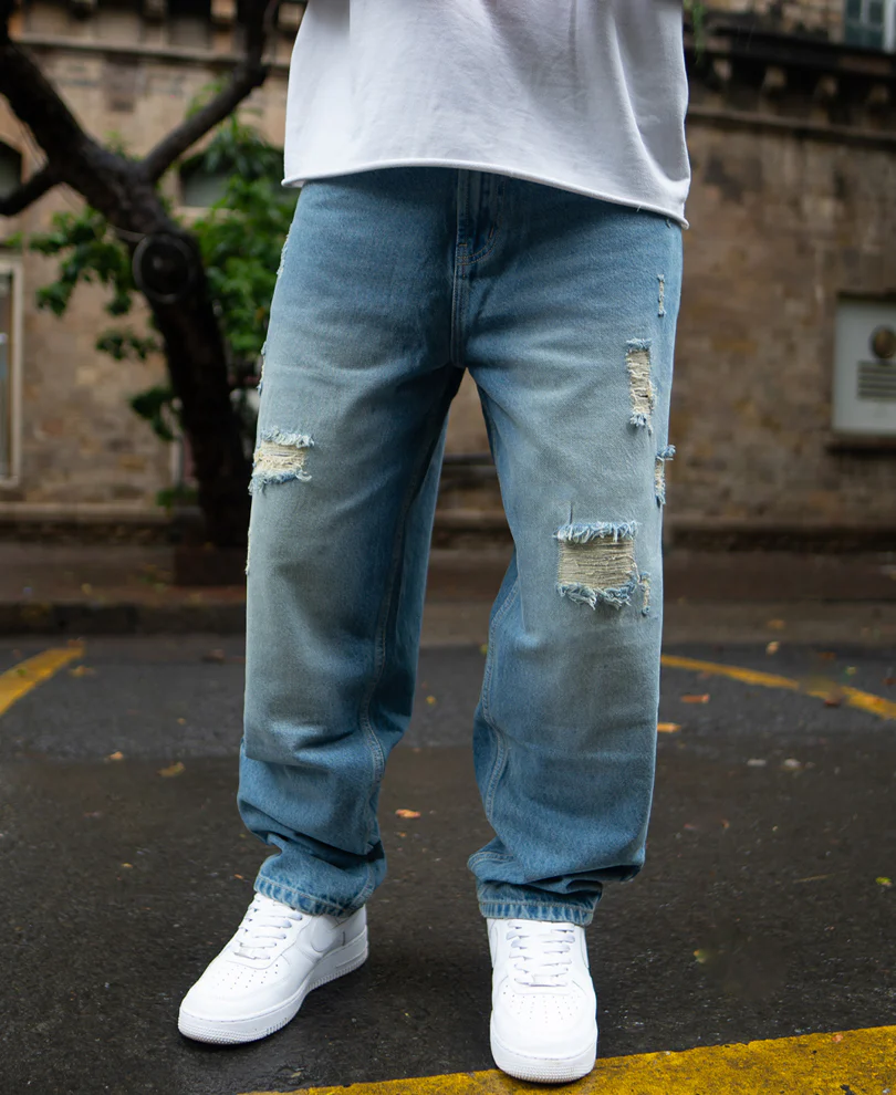 Blue Baggy Ripped Jeans 100% Cotton - Image 3