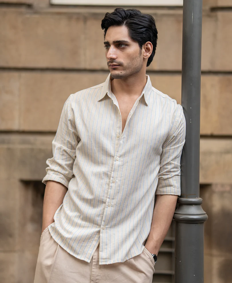 Blue & Beige Linen Stripe Shirt - Image 2