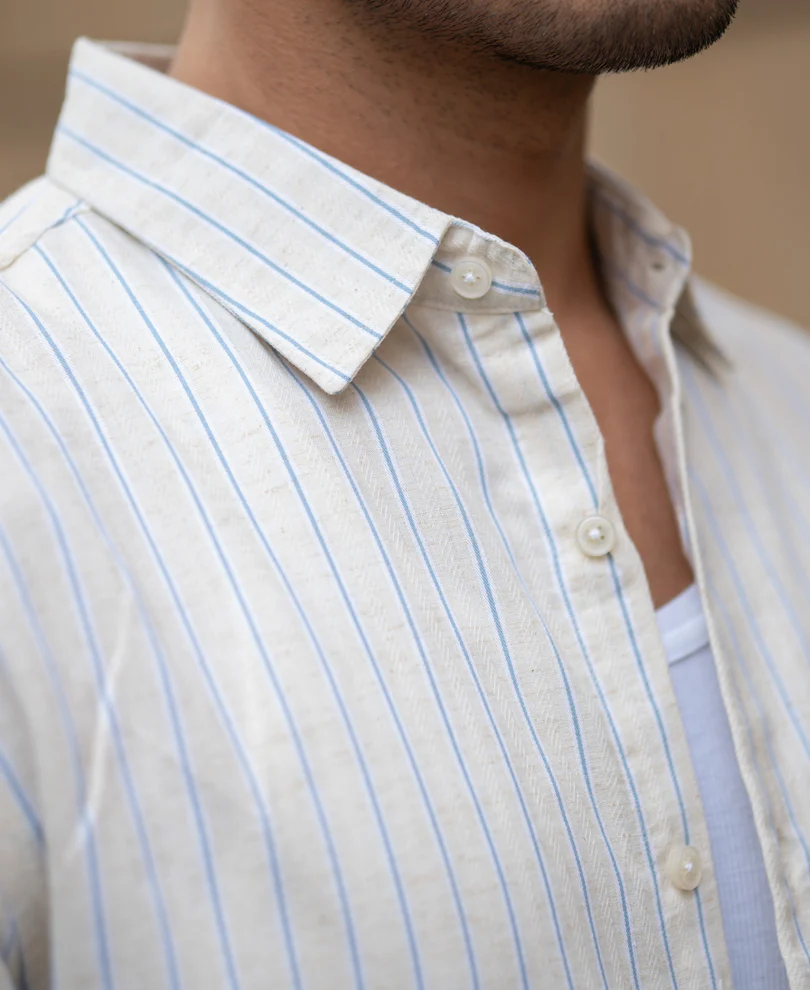 Blue & Beige Linen Stripe Shirt - Image 3