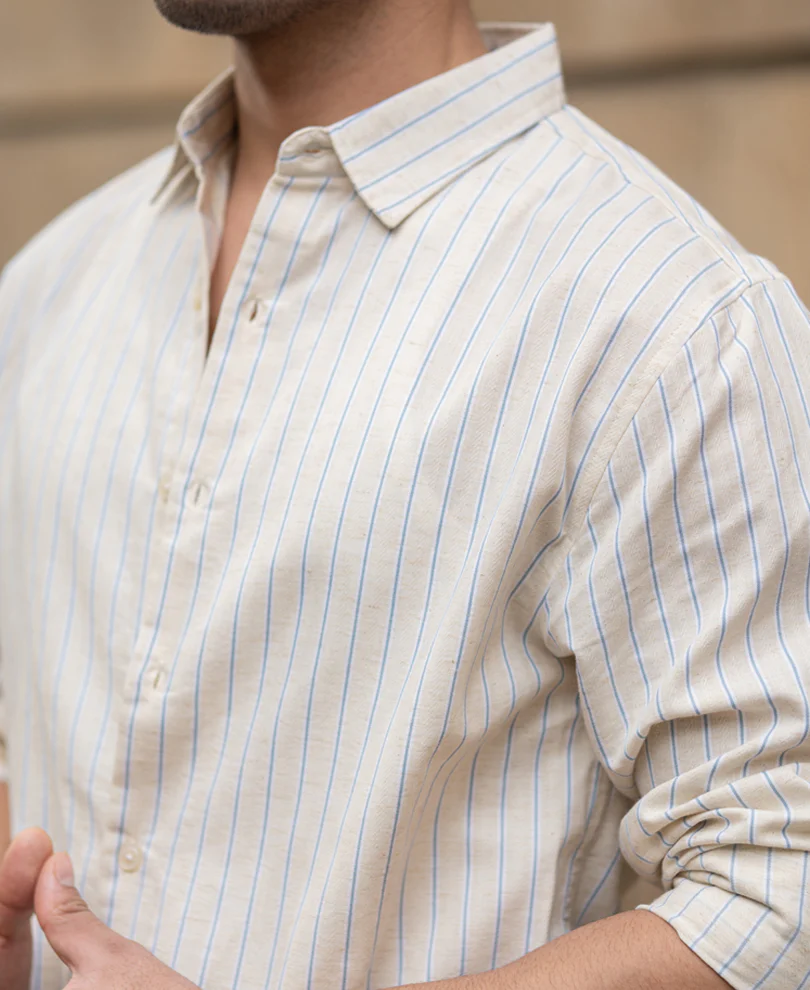 Blue & Beige Linen Stripe Shirt - Image 4