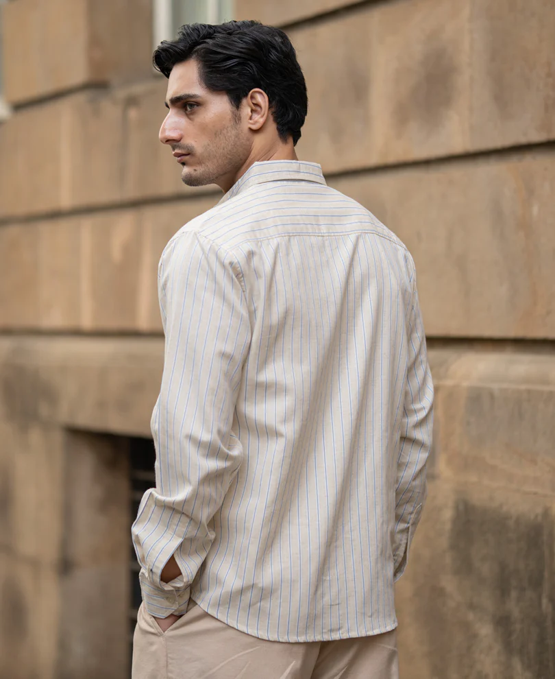 Blue & Beige Linen Stripe Shirt - Image 5