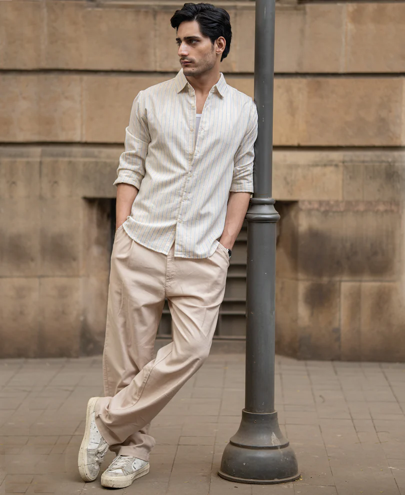 Blue & Beige Linen Stripe Shirt - Image 6