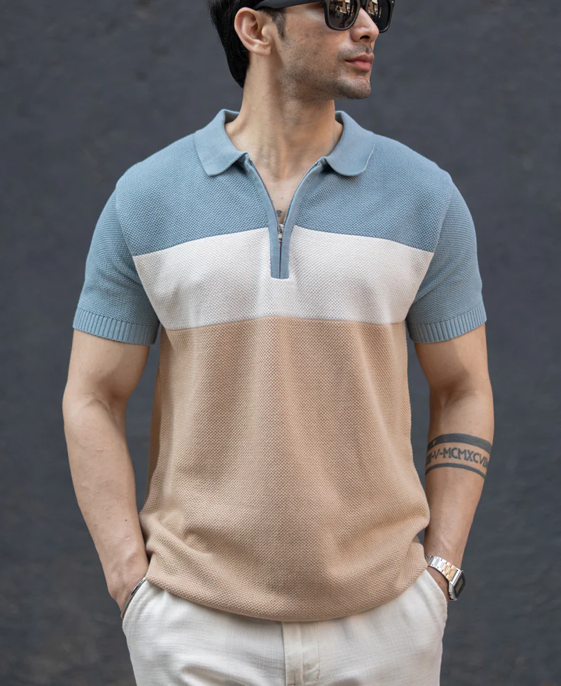 Blue & Beige Stripe Knit T-Shirt 100% Cotton - Image 2