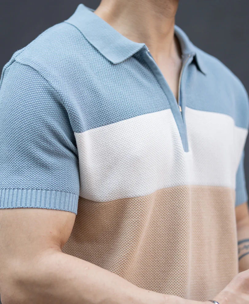 Blue & Beige Stripe Knit T-Shirt 100% Cotton - Image 3