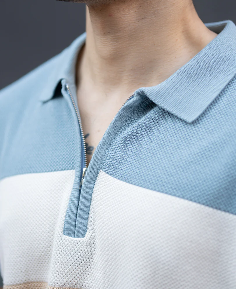 Blue & Beige Stripe Knit T-Shirt 100% Cotton - Image 4