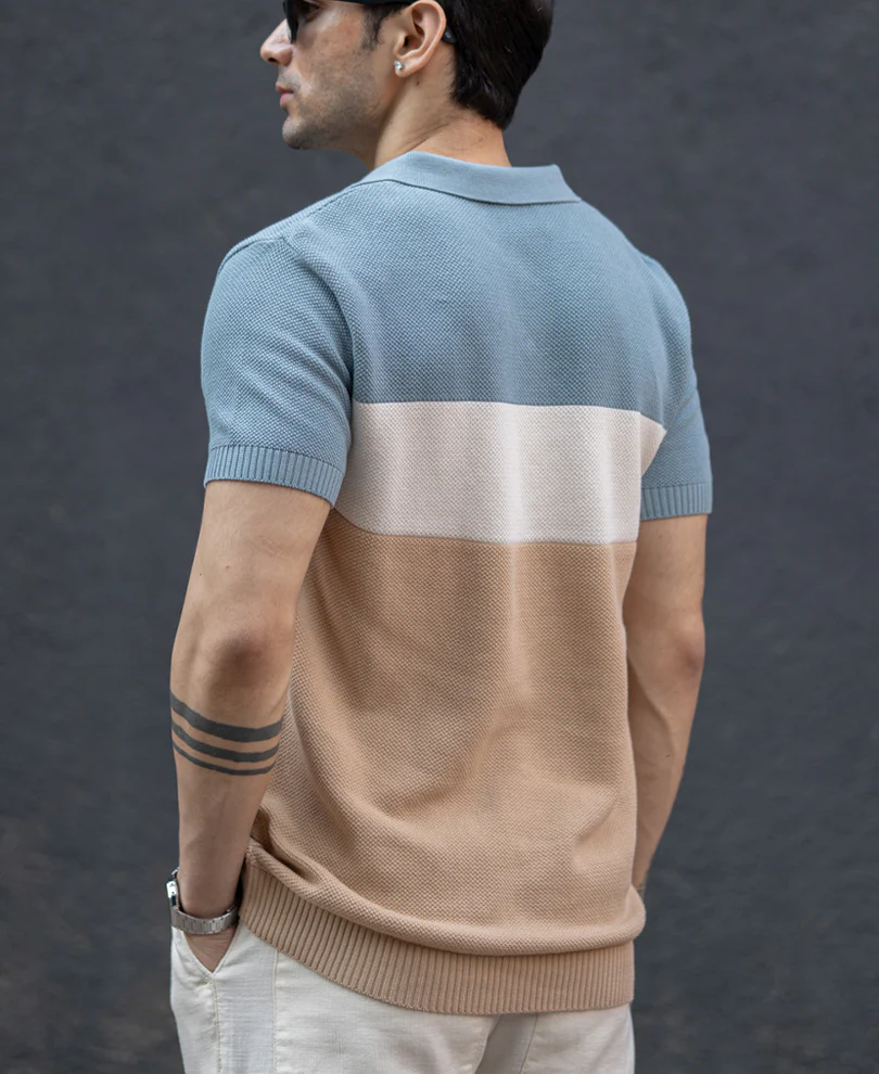 Blue & Beige Stripe Knit T-Shirt 100% Cotton - Image 5