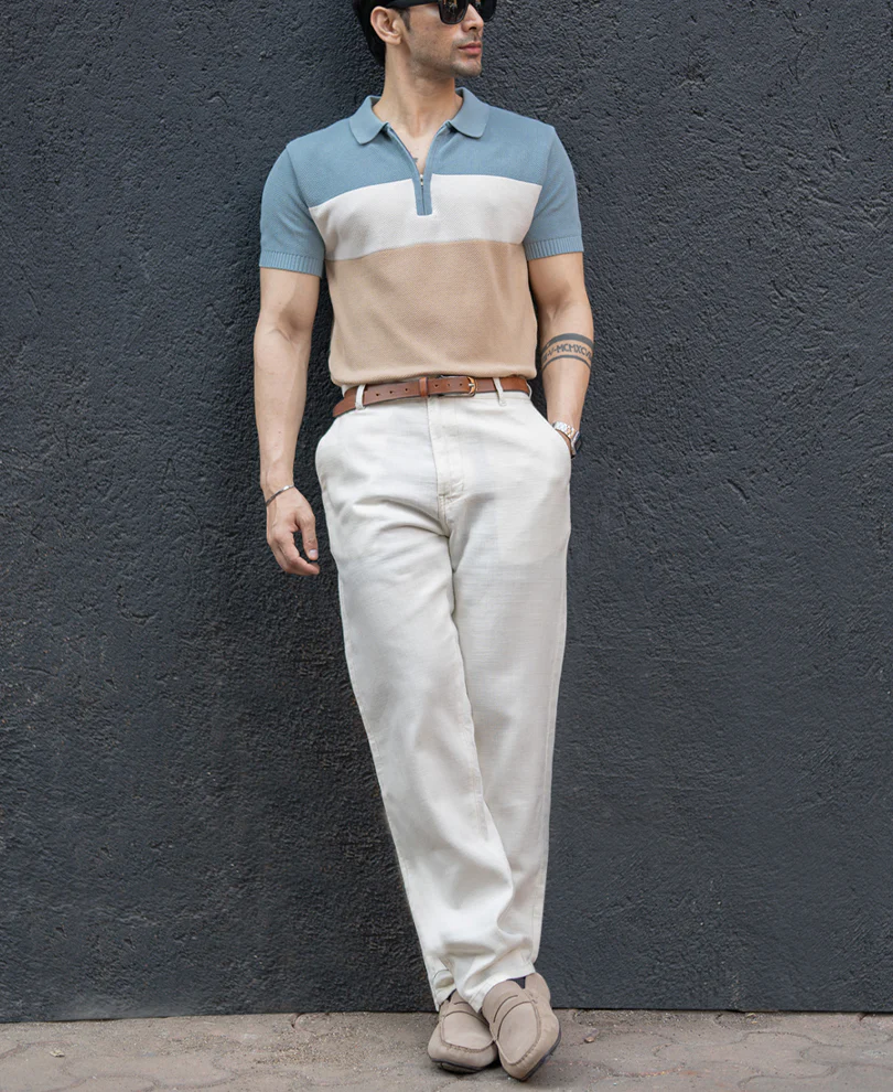 Blue & Beige Stripe Knit T-Shirt 100% Cotton - Image 6