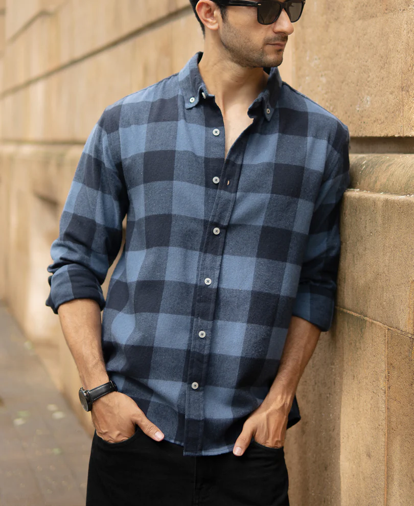 Blue Brushed Checked Shirt - Image 3