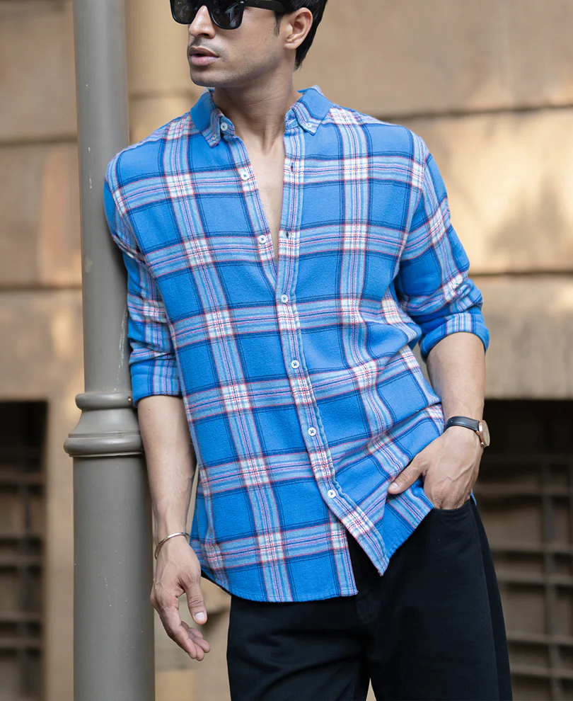 Blue Brushed Full Sleeves Checks Shirt 100% Cotton - Image 2