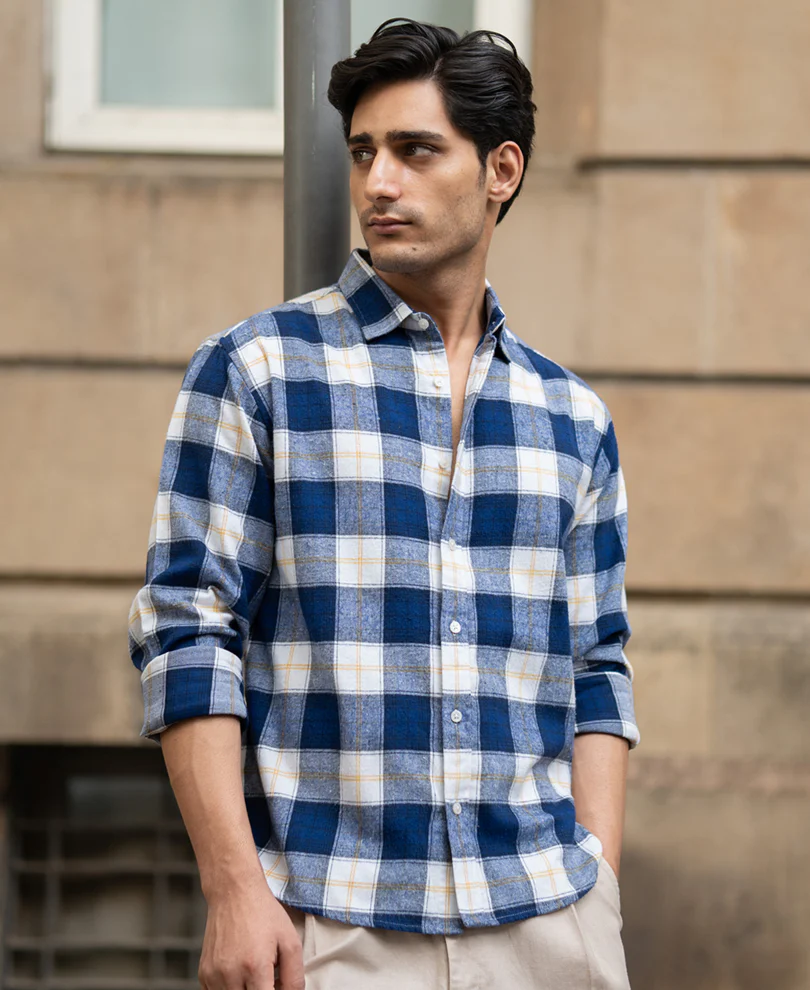 Blue Brushed Regular Fit Checks Shirt - Image 2