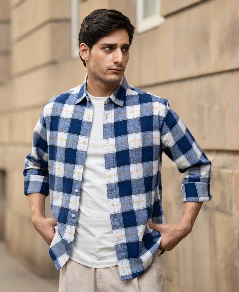 Blue Brushed Regular Fit Checks Shirt - Image 3