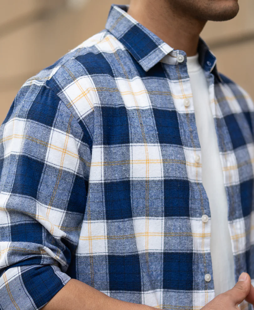 Blue Brushed Regular Fit Checks Shirt - Image 4