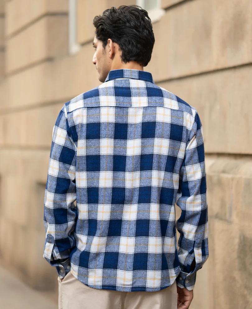Blue Brushed Regular Fit Checks Shirt - Image 6