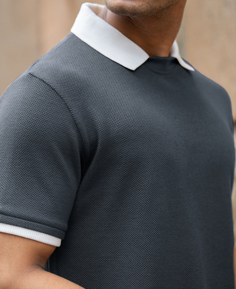 Blue Contrast Collar Knit T-Shirt - Image 3