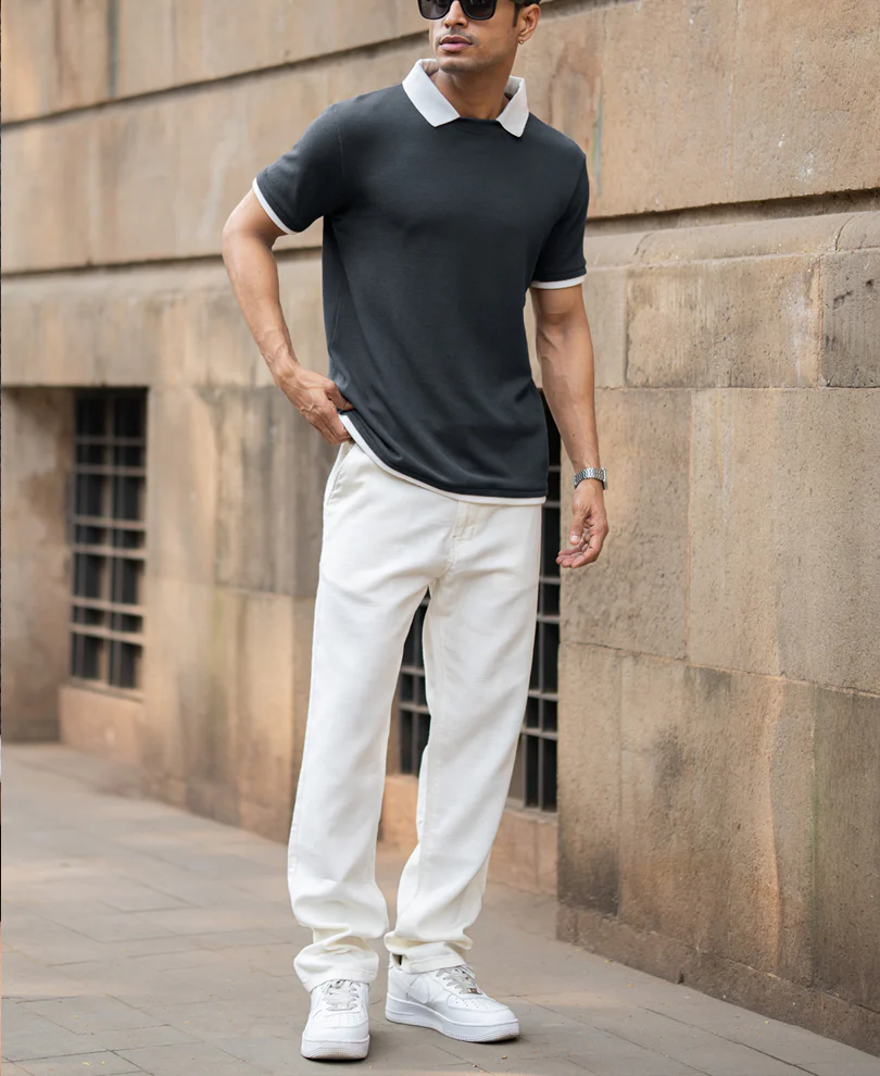 Blue Contrast Collar Knit T-Shirt - Image 5
