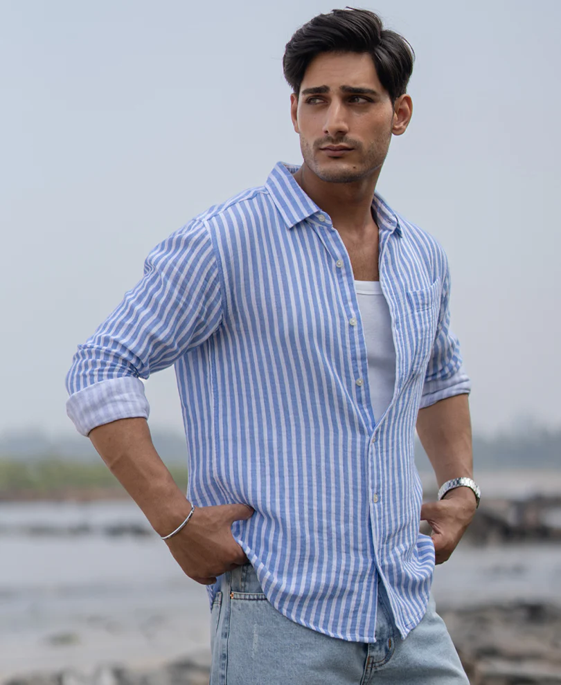 Blue Double Cloth Stripe Shirt 100% Cotton - Image 2