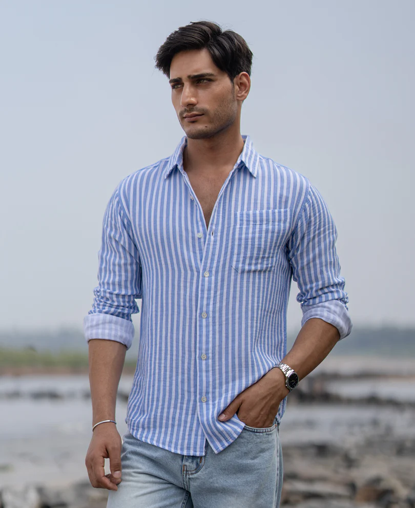 Blue Double Cloth Stripe Shirt 100% Cotton - Image 3