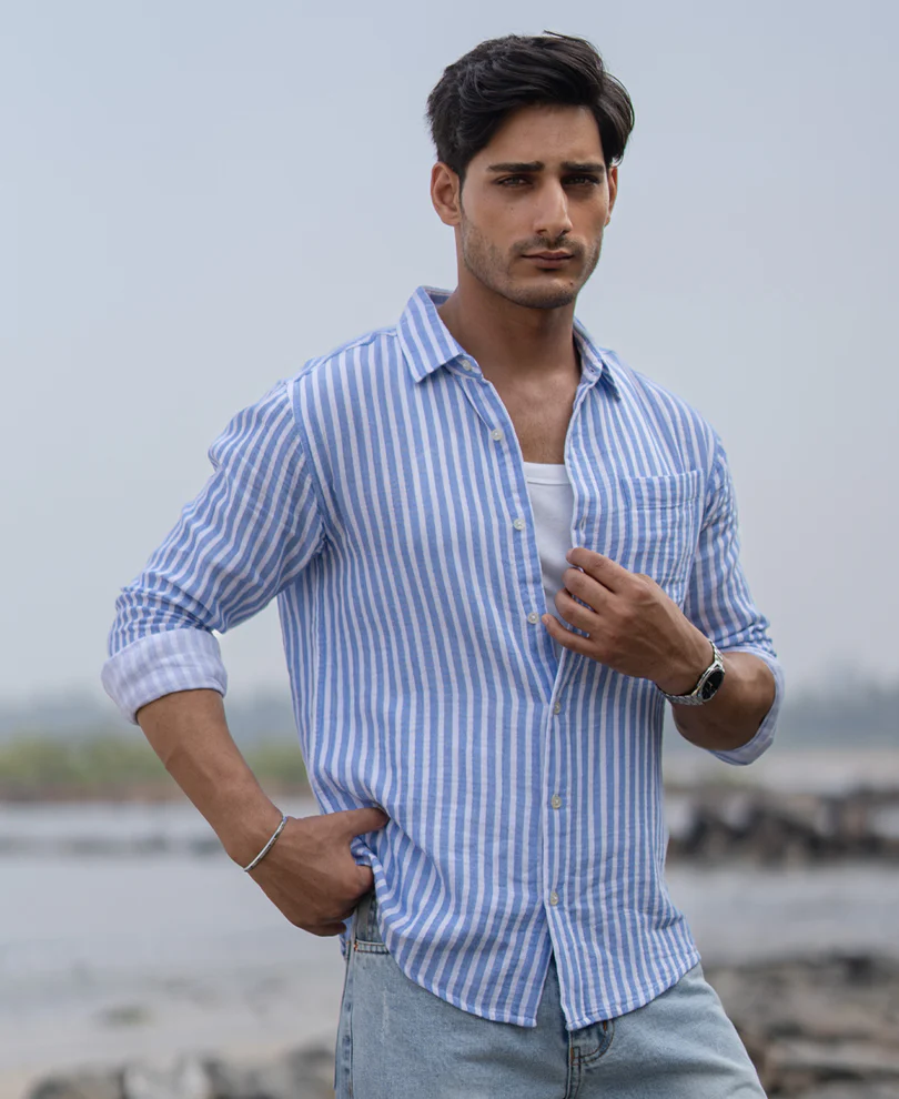 Blue Double Cloth Stripe Shirt 100% Cotton - Image 4