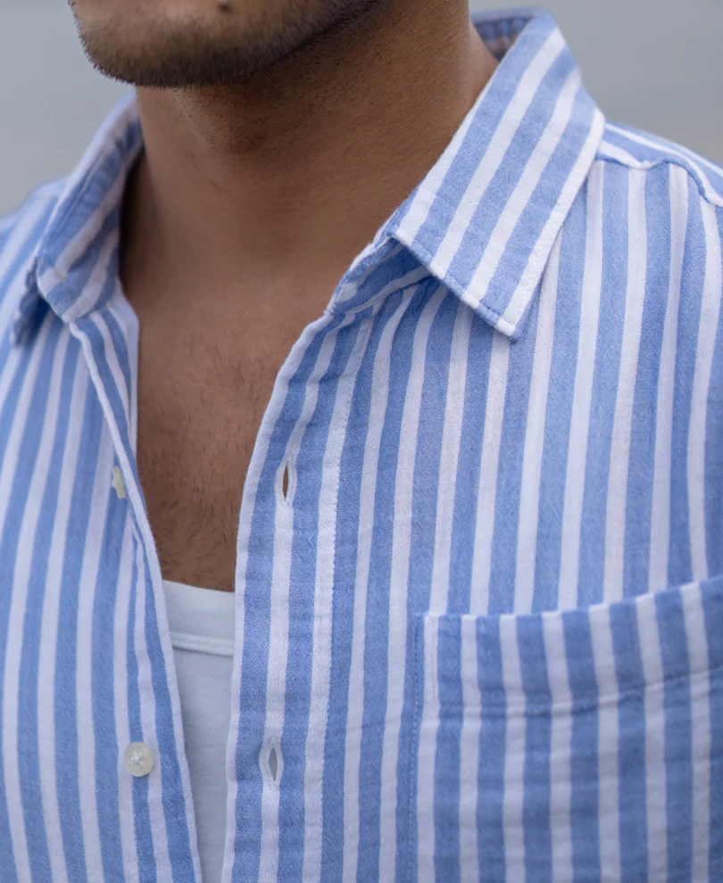 Blue Double Cloth Stripe Shirt 100% Cotton - Image 5