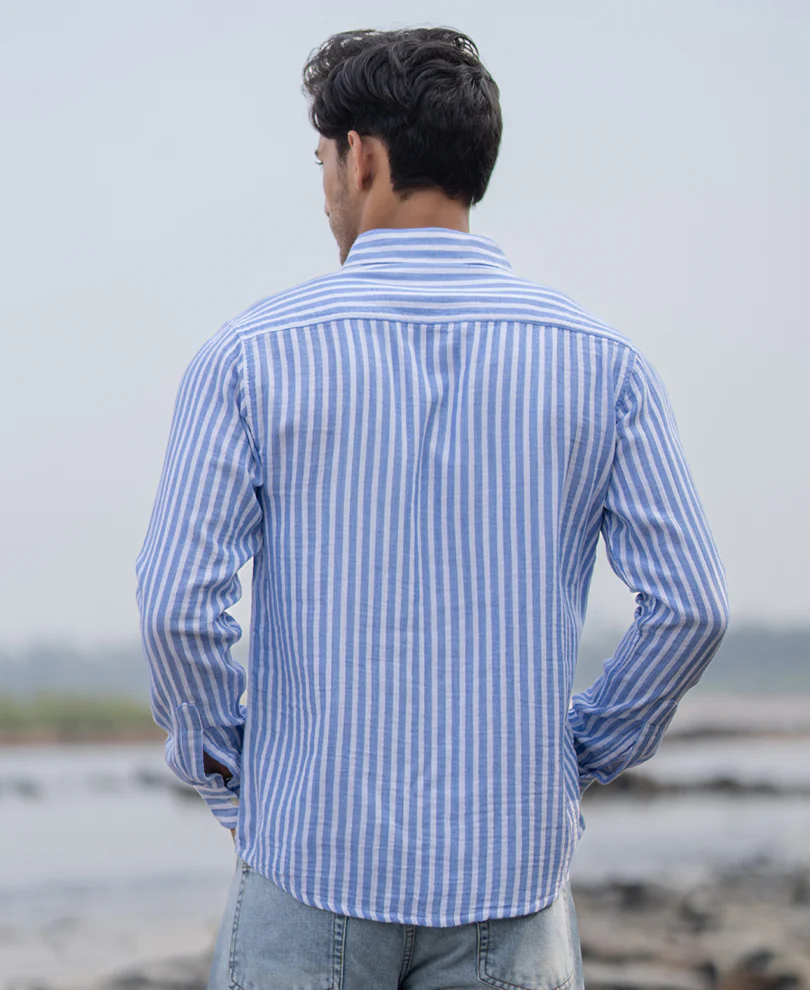 Blue Double Cloth Stripe Shirt 100% Cotton - Image 6