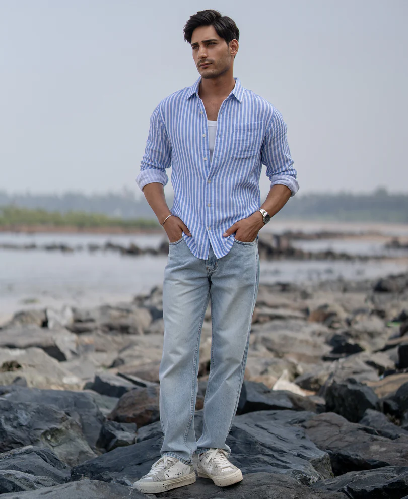 Blue Double Cloth Stripe Shirt 100% Cotton - Image 7