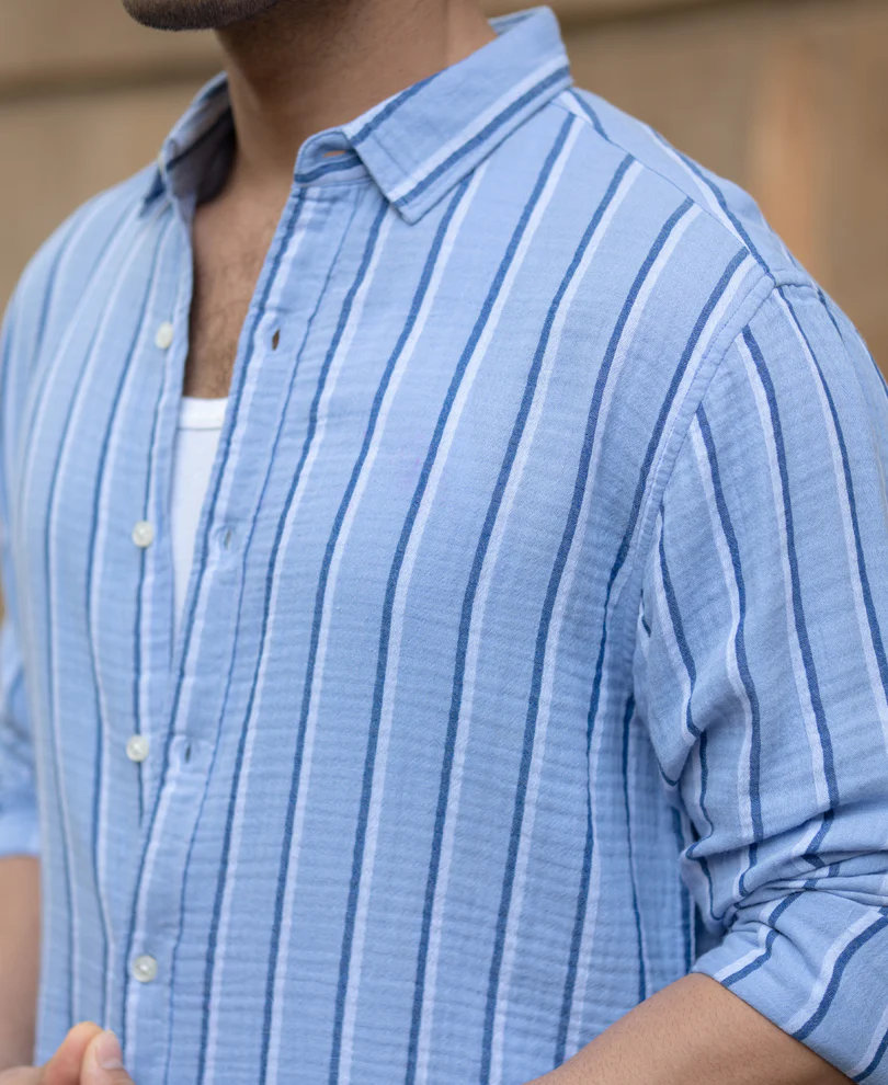 Blue Double Cloth Striped Shirt 100% Cotton - Image 2